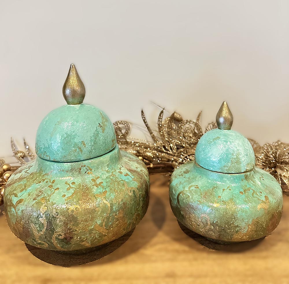 2 Li Seramik Yeşil El Boyaması Küp ,Dekoratif Desenli Obje ,Ev Aksesuarı