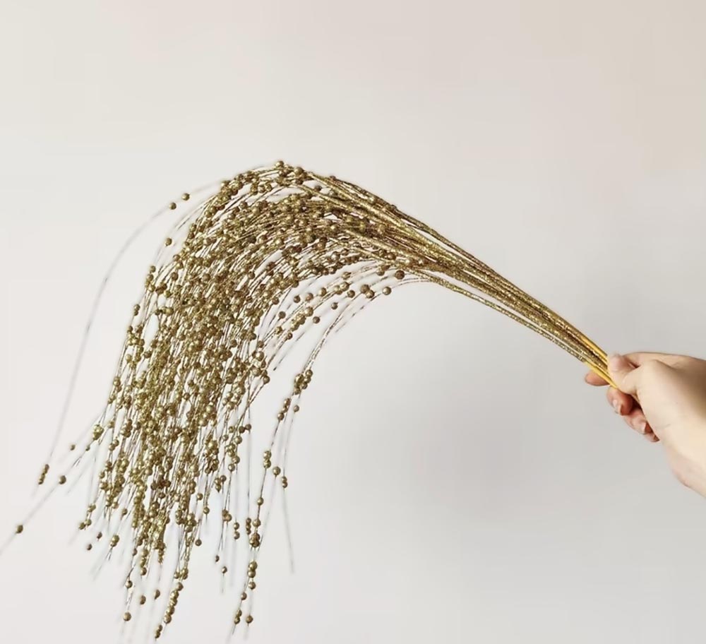 Boncuklu Pırıltılı Gold Simli Yılbaşı Çam Ağacı Süsü Dalı - Dekor Süsleme Dalı , Yılbaşı Dekor Aranjmanı