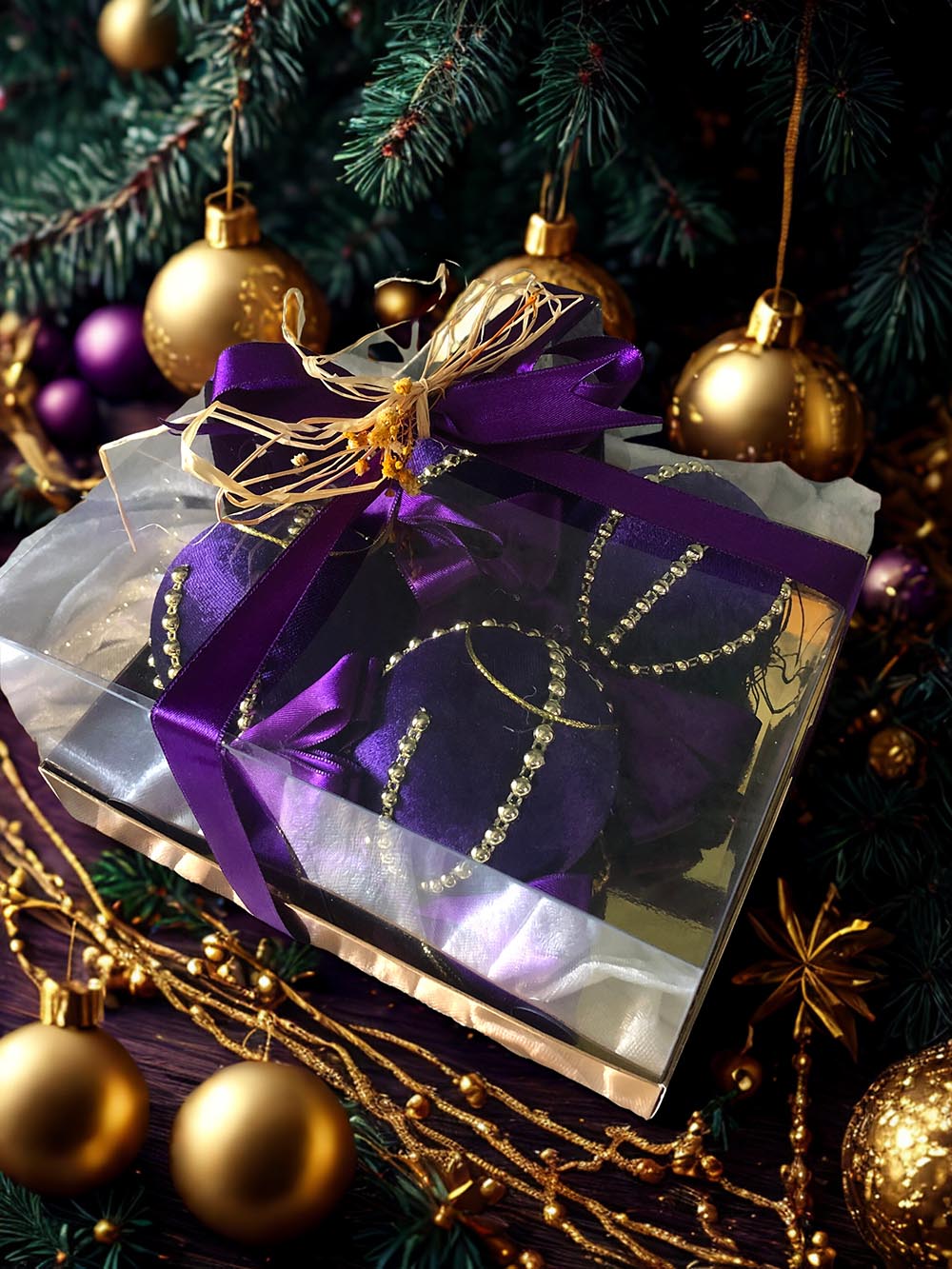 Yılbaşı Çam Ağacı Süsü - Kadife Yılbaşı Ağacı Topu Hediye Kutulu