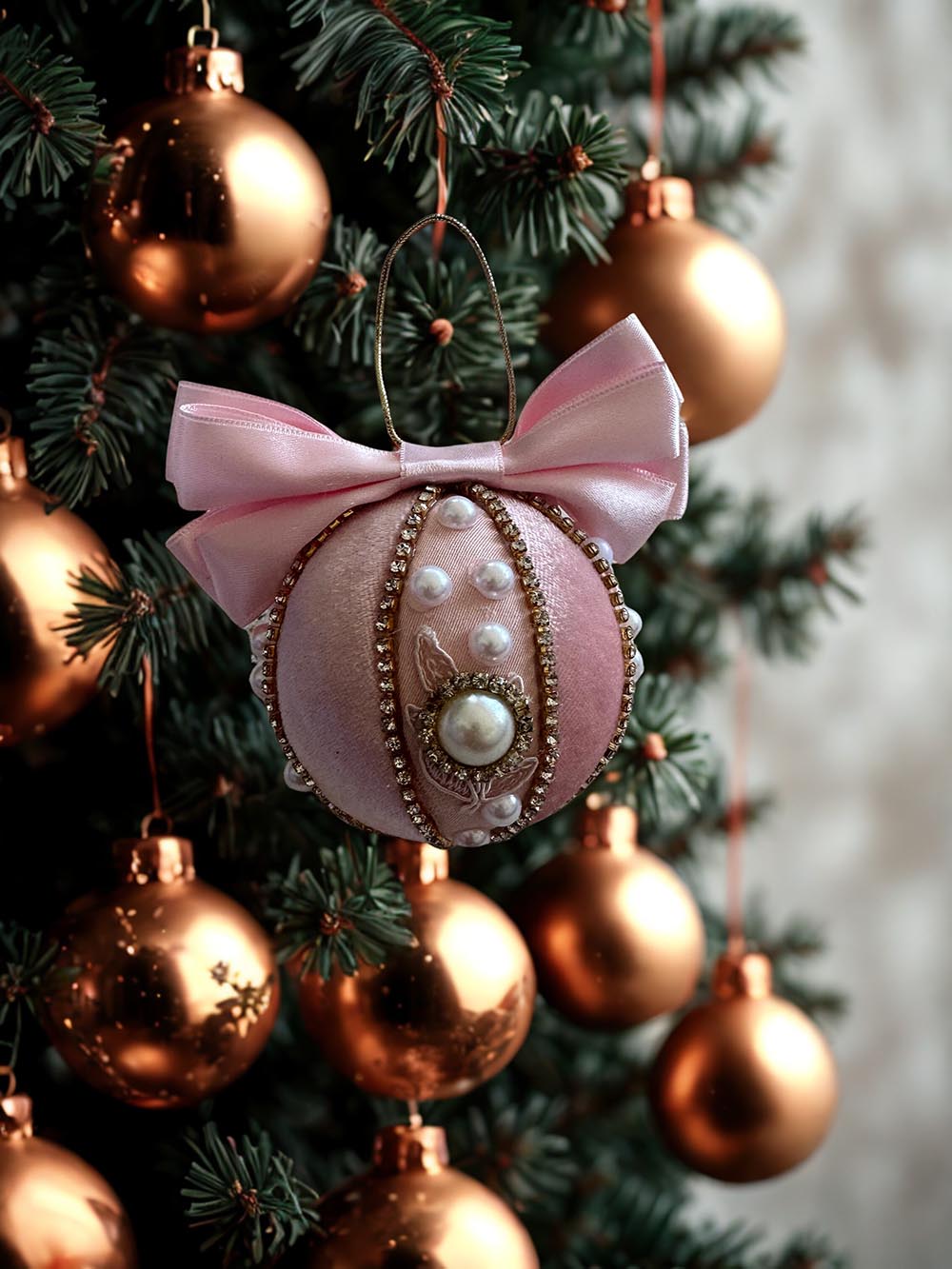 Yılbaşı Çam Ağacı Süsü - Pembe Taşlı8 Cm Kadife Yılbaşı Ağacı Topu  Hediye Kutulu